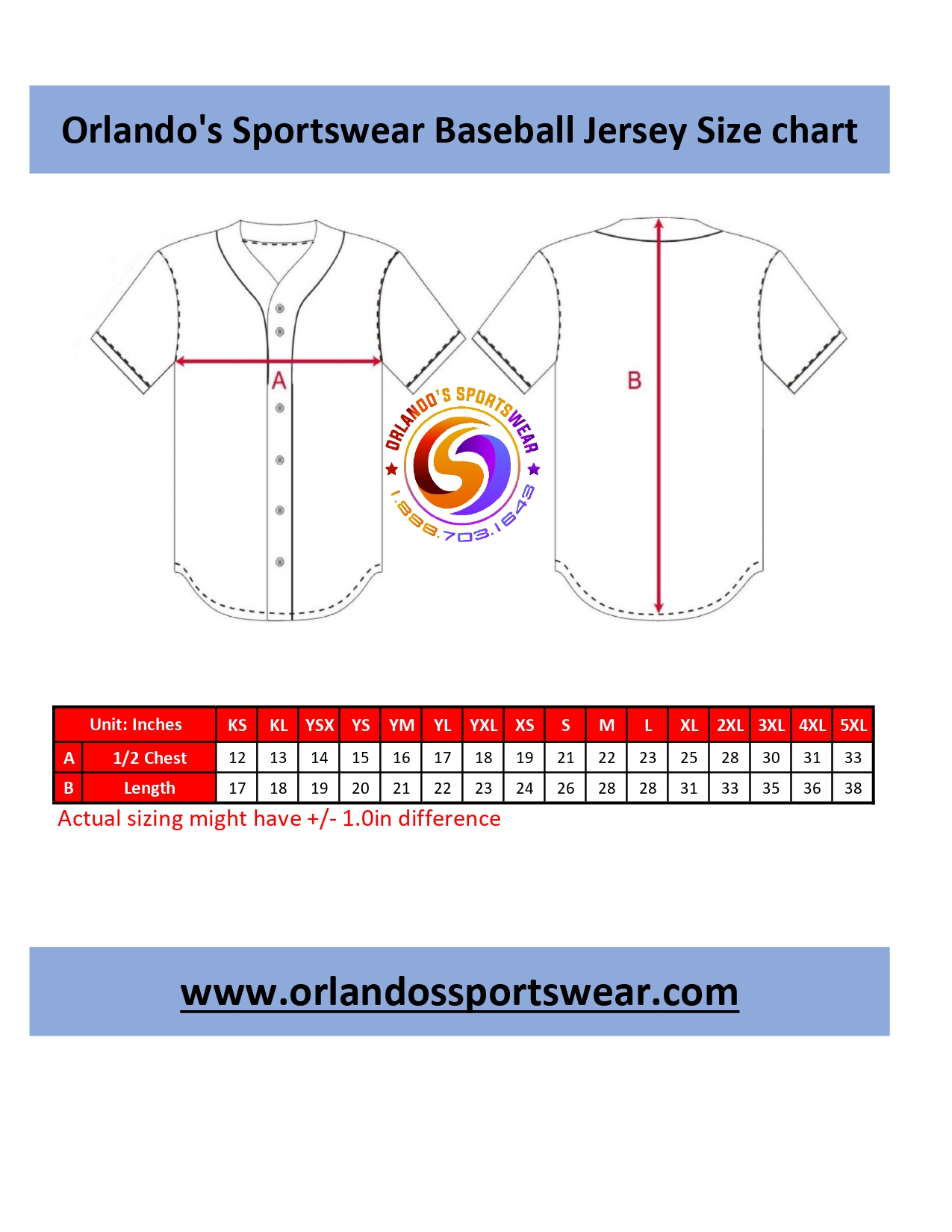 Size Chart Orlando s Sportswear LLC